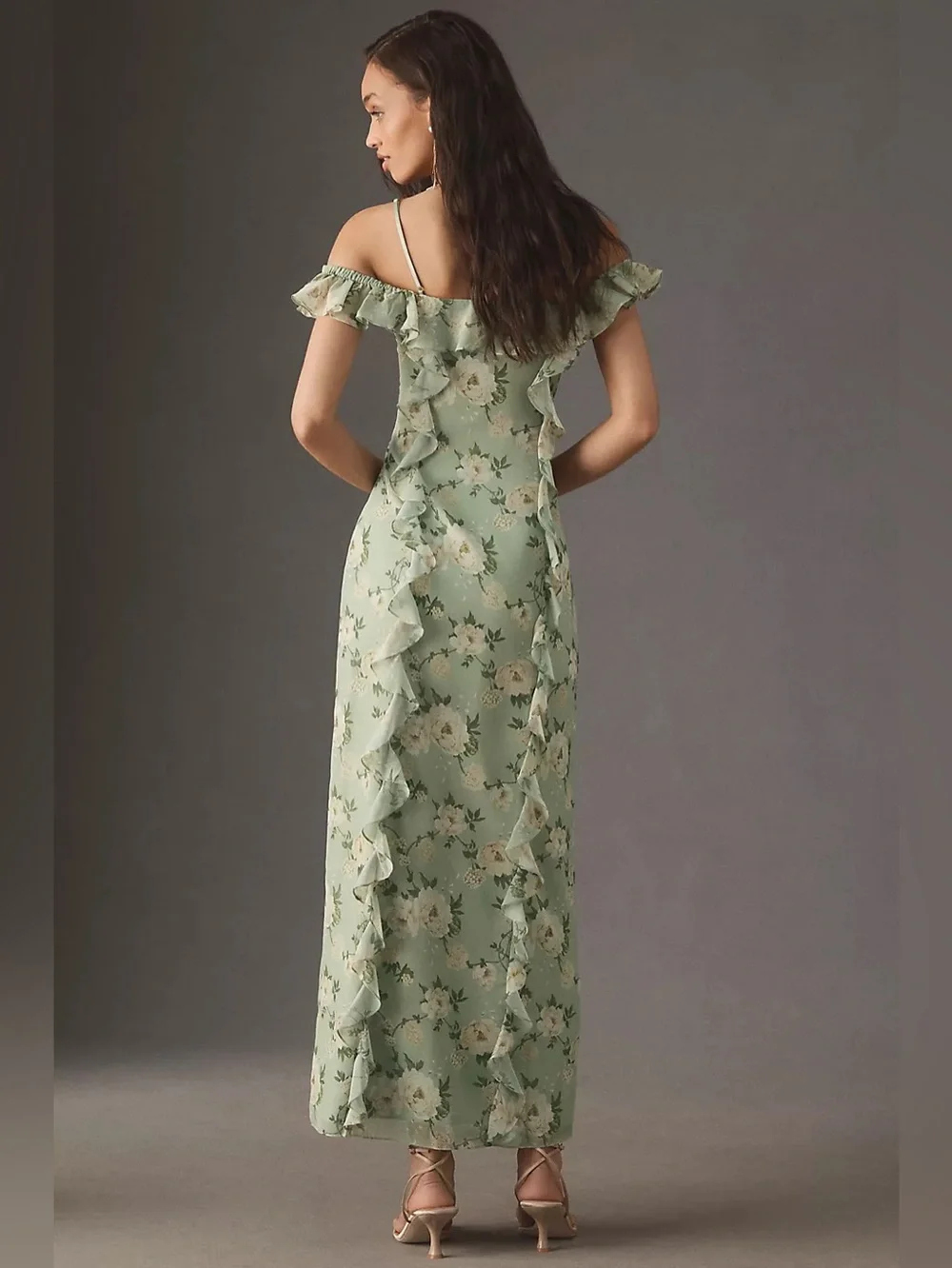 Dreamy Anthropologie BHLDN Off-Shoulder Ruffled Green Chiffon Maxi Dress XXS - Picture 10 of 12